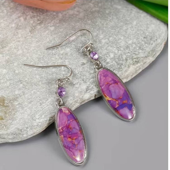 Purple Faux Turquoise Oval ‎ Dangle Earrings Alloy Silver Plated - Picture 6 of 7